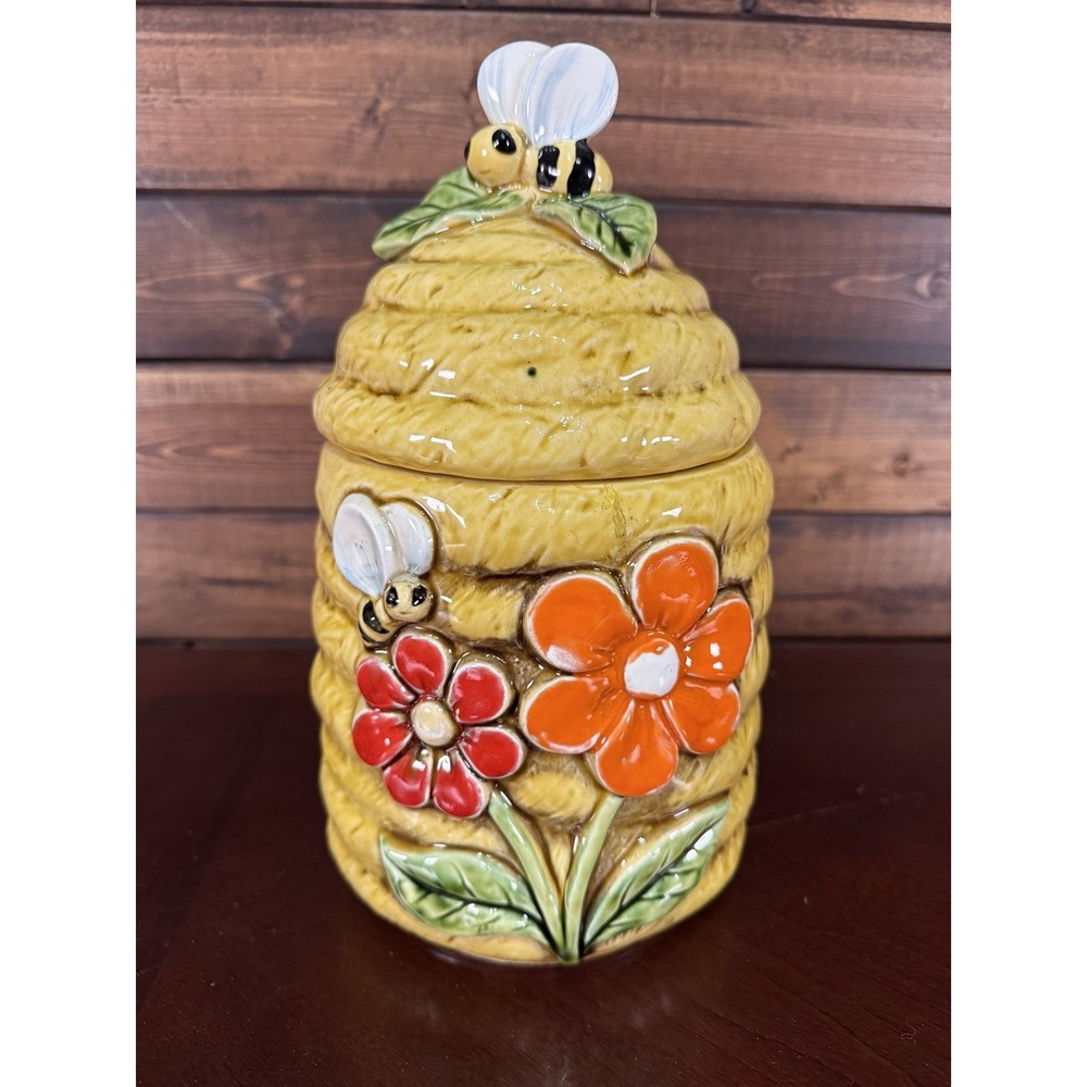 Vintage Ceramic Beehive Cookie Jar & Lid With Red & Yellow Flowers & Bees